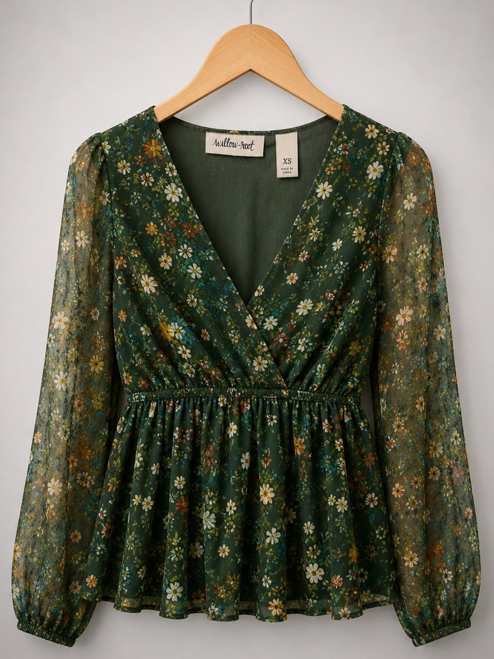 ⭐️ Clearance | Willow & Root Green Floral Metallic Mesh Peplum Blouse XS Boho